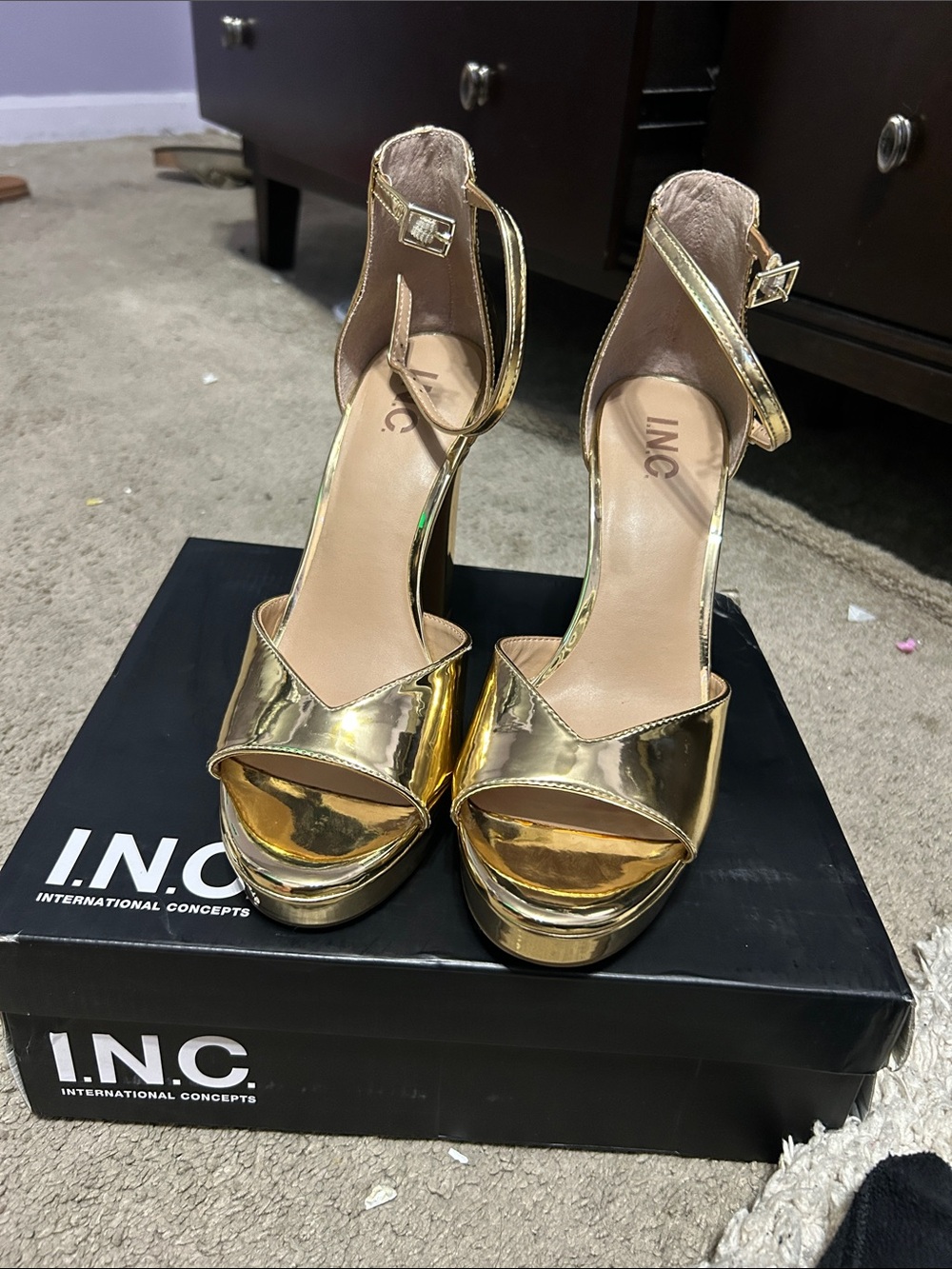 INC International Concepts Gold Metallic Platform Block Heel Sandals